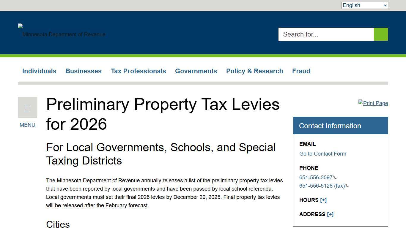 Preliminary Property Tax Levies for 2026 Minnesota Department of Revenue